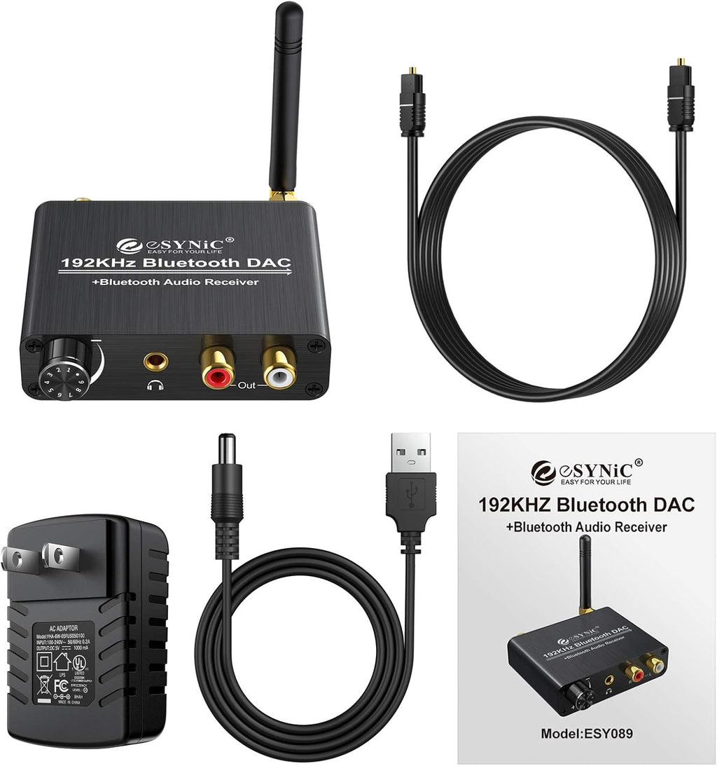 192kHz DAC Digital to Analog Audio Converter with Bluetooth 5.0 Receiver, Optical Coaxial Toslink, Stereo L/R RCA 3.5mm, Pack of 2 Z34125