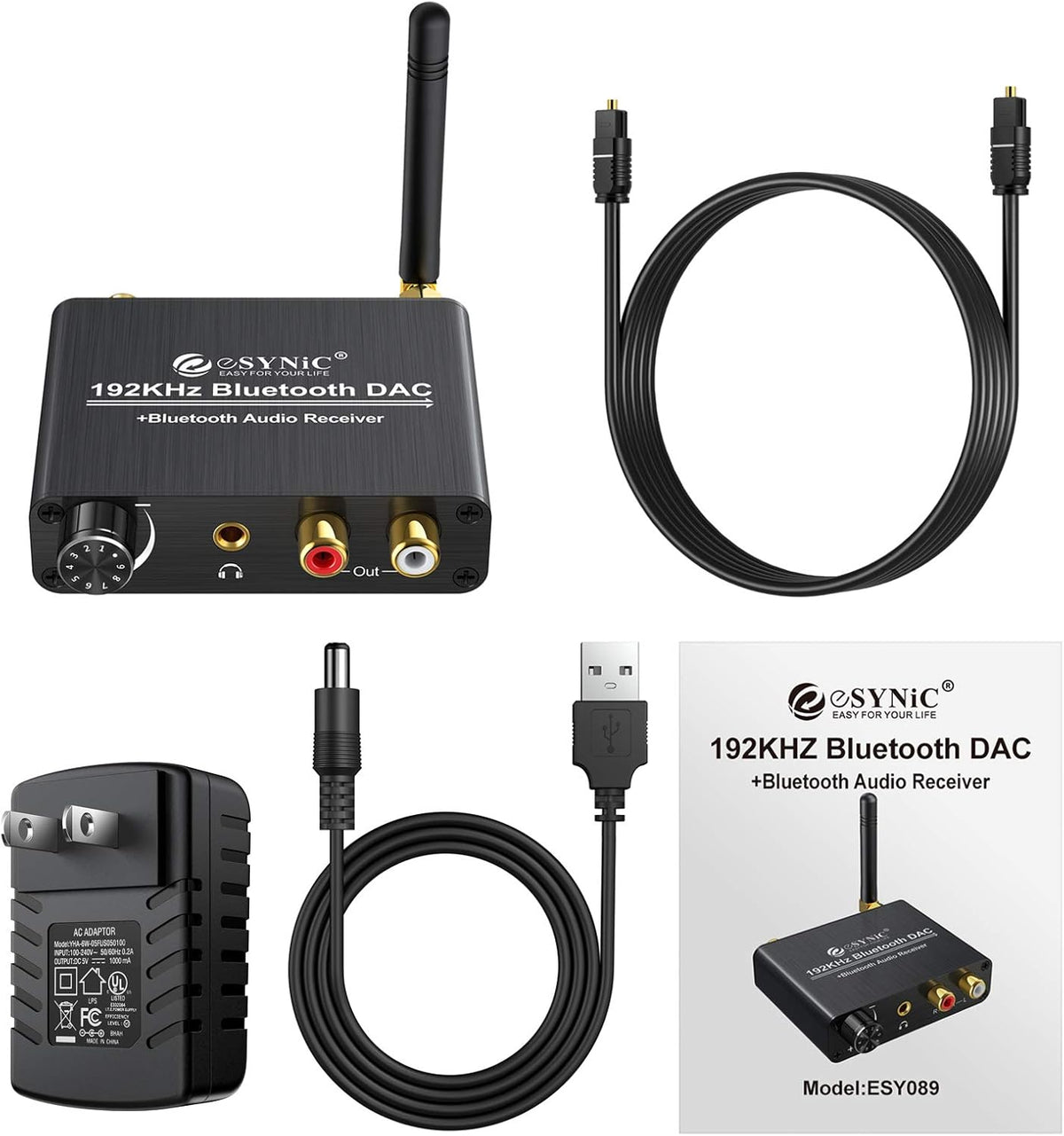 192kHz DAC Digital to Analog Audio Converter with Bluetooth 5.0 Receiver, Optical Coaxial Toslink, Stereo L/R RCA 3.5mm, Pack of 2 Z34125