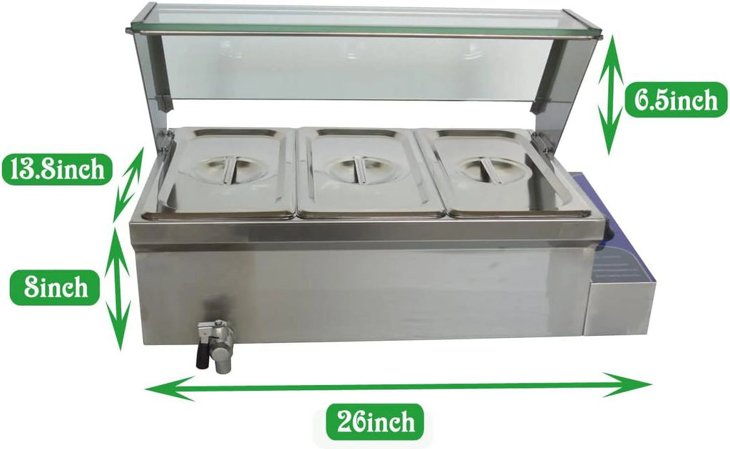 3 Pot Bain-Marie Buffet Steam Heater Food Warmer with Glass Shield Y828