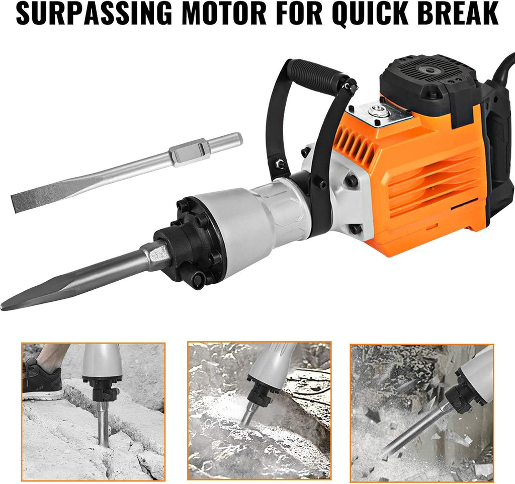 2200W Electric Demolition Hammer Concrete Breaker with Flat Chisel Bull Point Chisel D74700