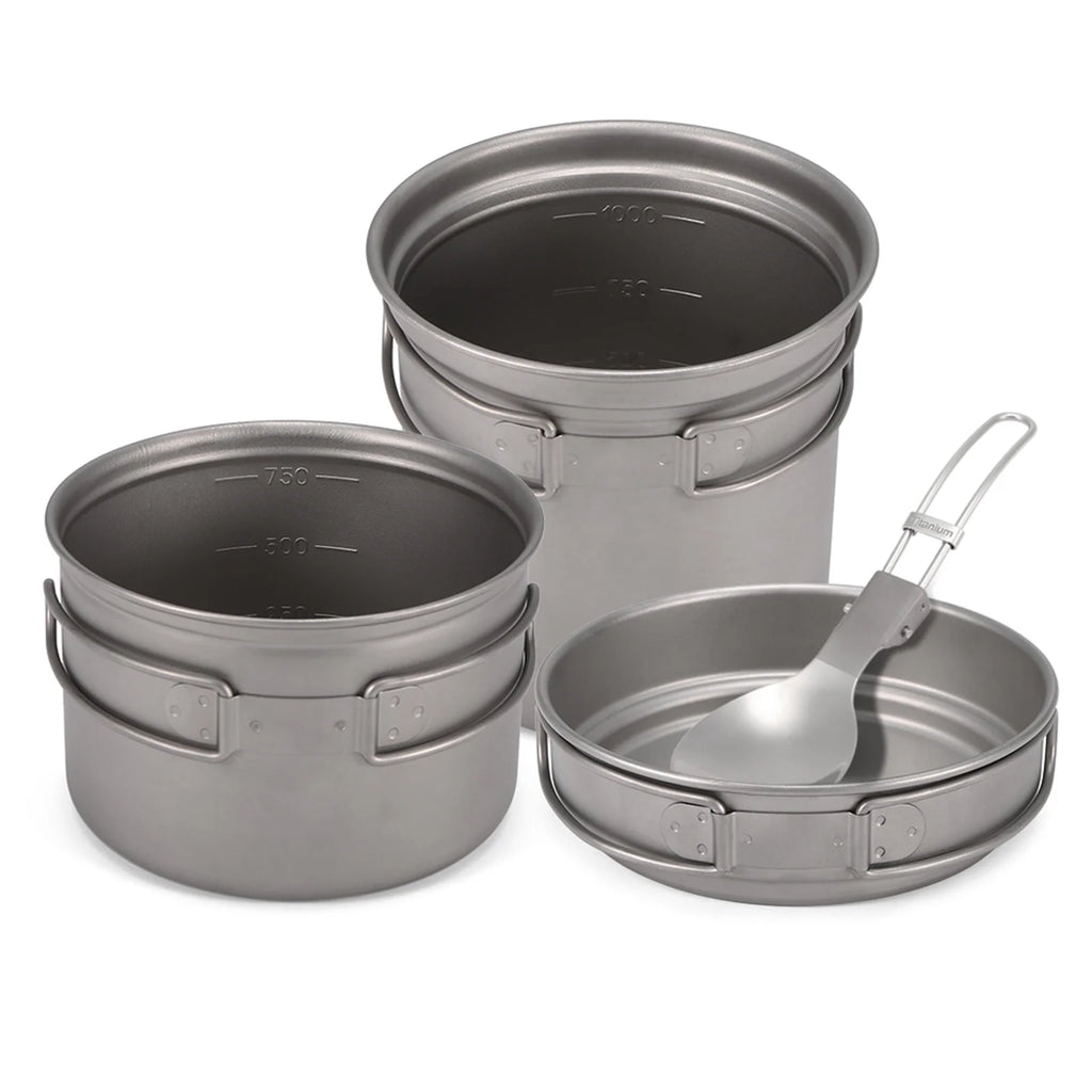 Titanium Cookware Set 1000ml 750ml Pot Pan Spoon Set E6491