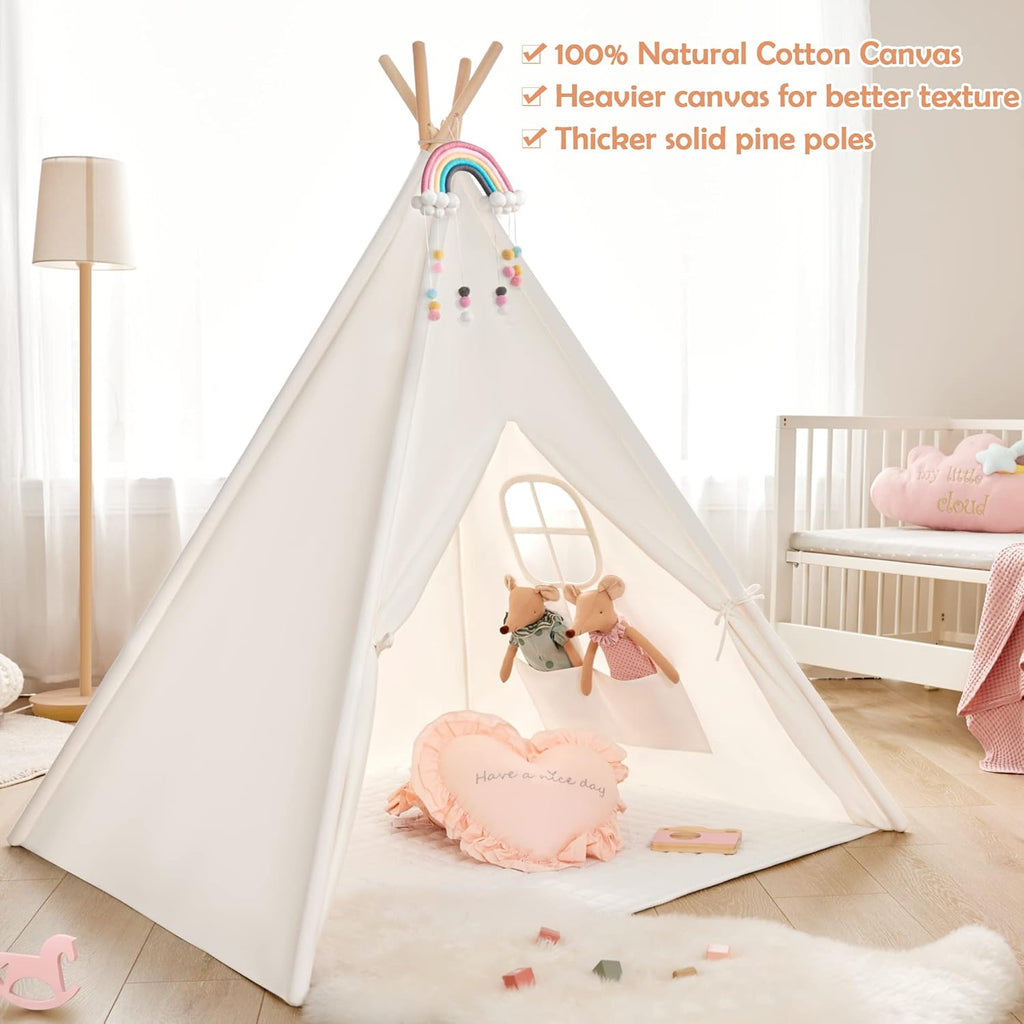 White Canvas Kids Teepee Tent with Padded Mat & Carry Case Z3516