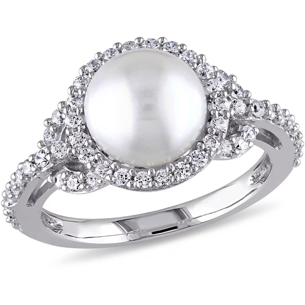White Cultured Freshwater Pearl Cubic Zirconia Halo Sterling Silver Ring W681476