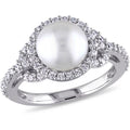 White Cultured Freshwater Pearl Cubic Zirconia Halo Sterling Silver Ring W681476