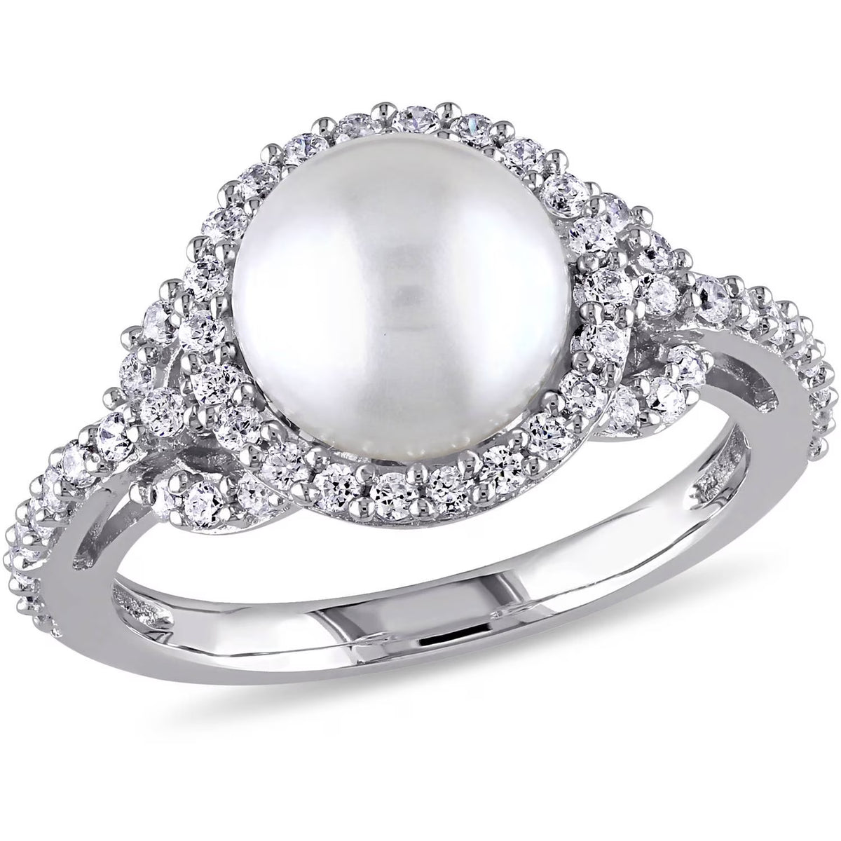 White Cultured Freshwater Pearl Cubic Zirconia Halo Sterling Silver Ring W681476
