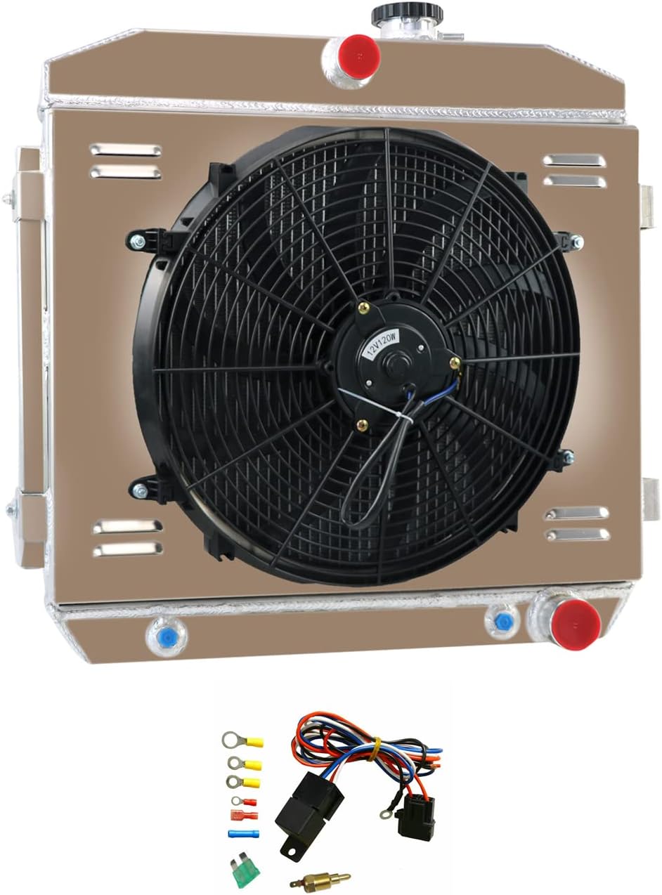 4 Row Radiator with Shroud 16" Fan for 1955-1957 Chevy Bel-Air Nomad V8 T633448