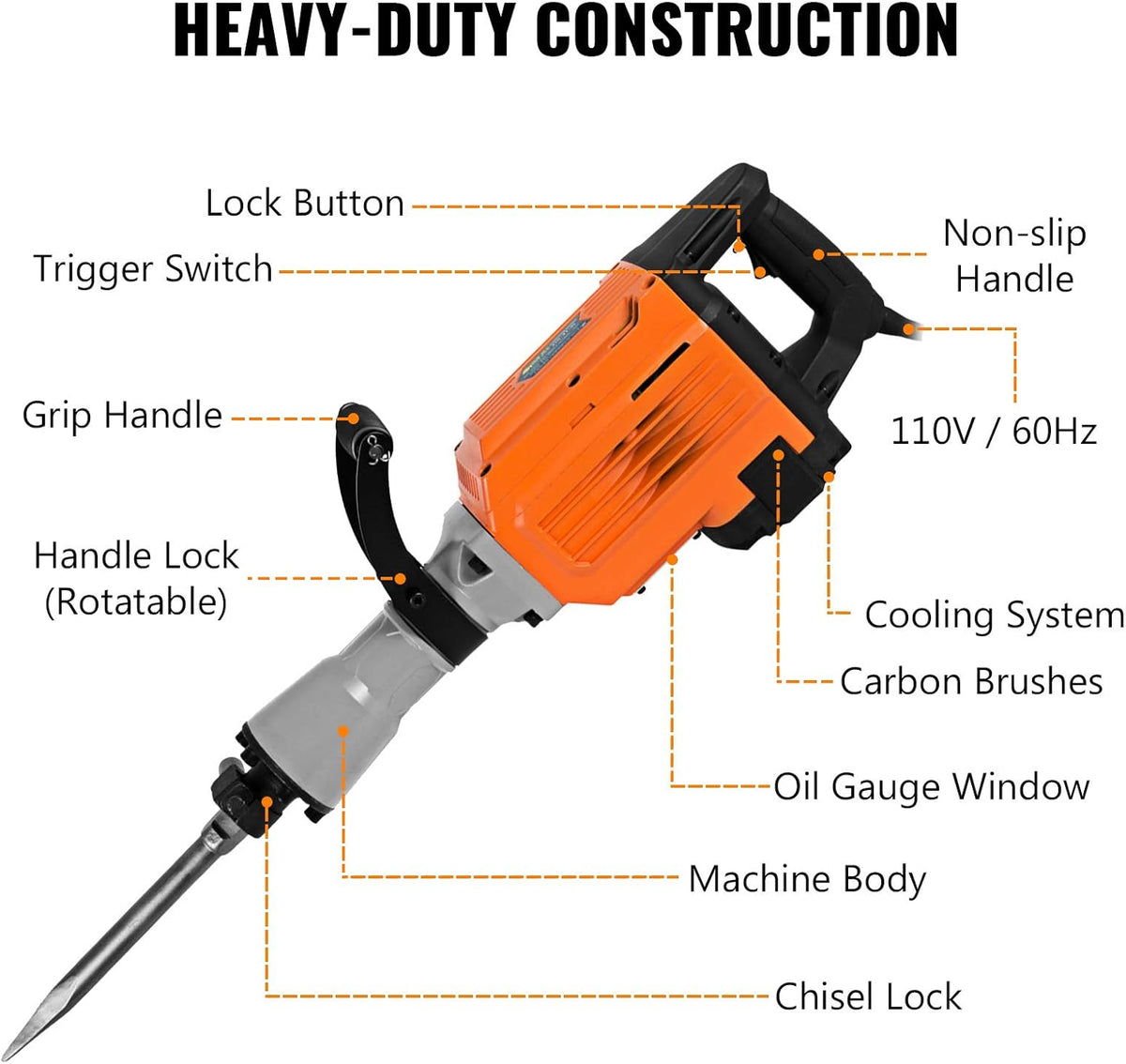2200W Electric Demolition Hammer Concrete Breaker with Flat Chisel Bull Point Chisel D74700