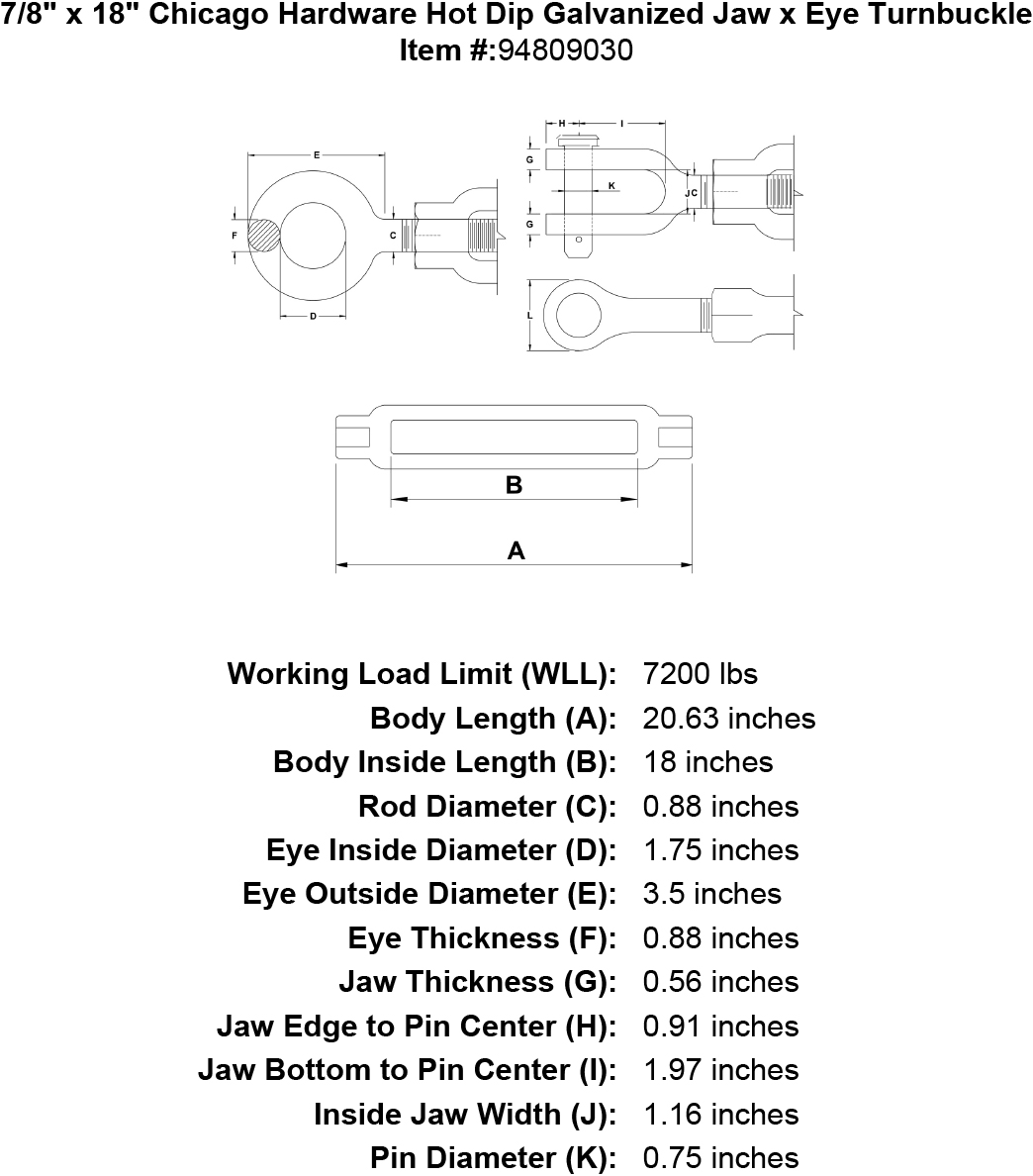 7/8 x 18 Hot Dip Galvanized Jaw x Eye Turnbuckle D6036