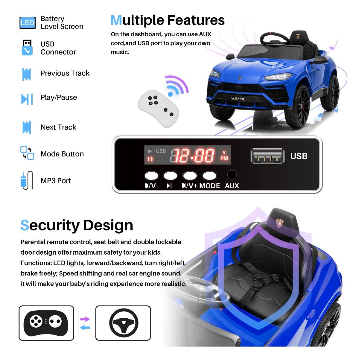 12V 7Ah Licensed Lamborghini Urus Kids Ride on Car Electric Vehicle with Remote Control X308783
