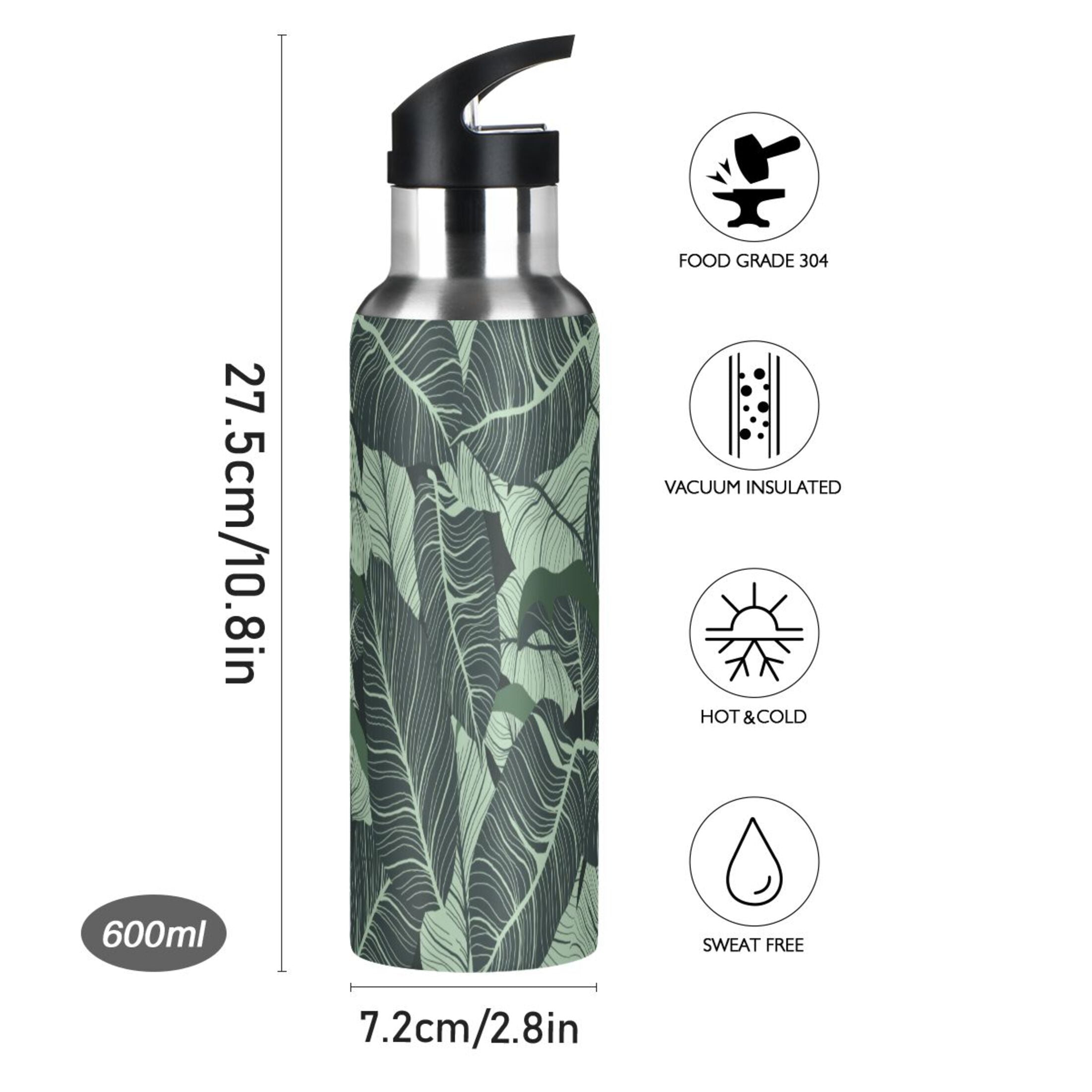 Tropical Green Leaves Stainless Steel Insulated Water Bottle with Straw Lid U5888