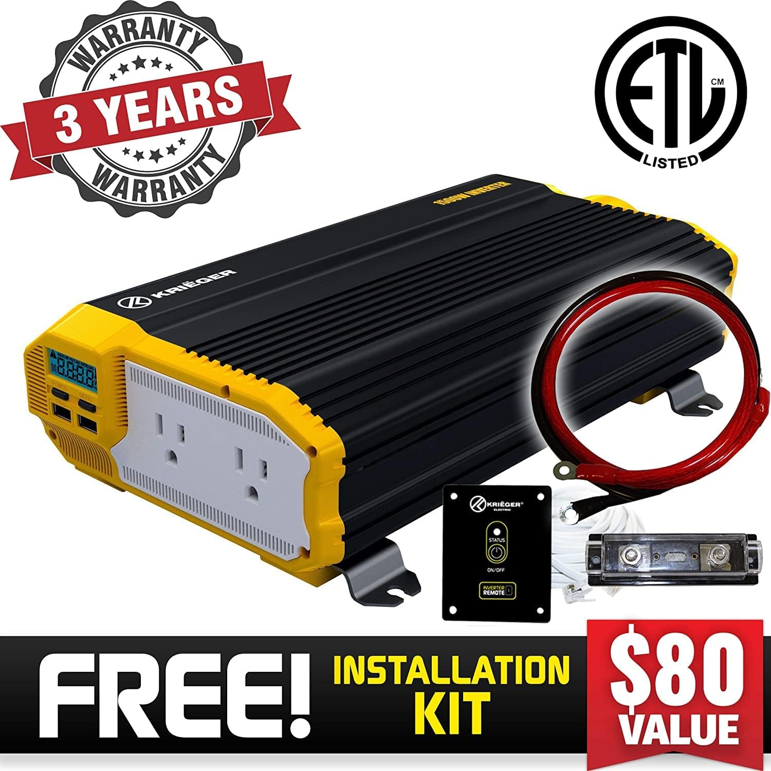 1500 Watts Power Inverter 12V to 110V Modified Sine Wave with Dual AC Outlets P13668