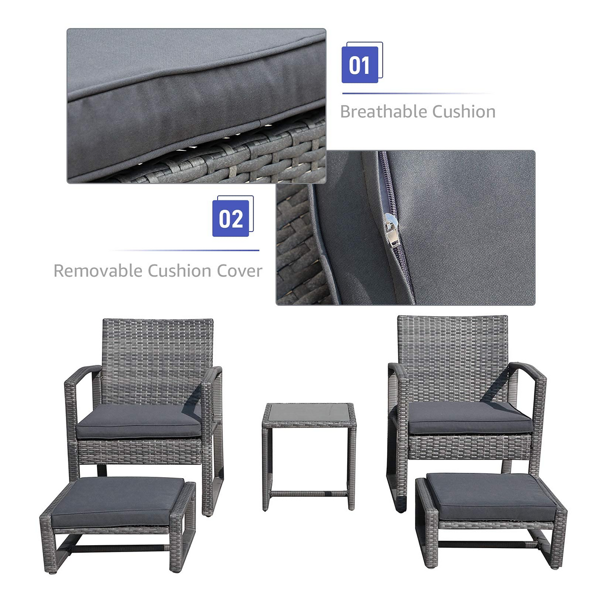 5 Piece Outdoor Patio Wicker Furniture Set with Ottomans Dark Grey R2315