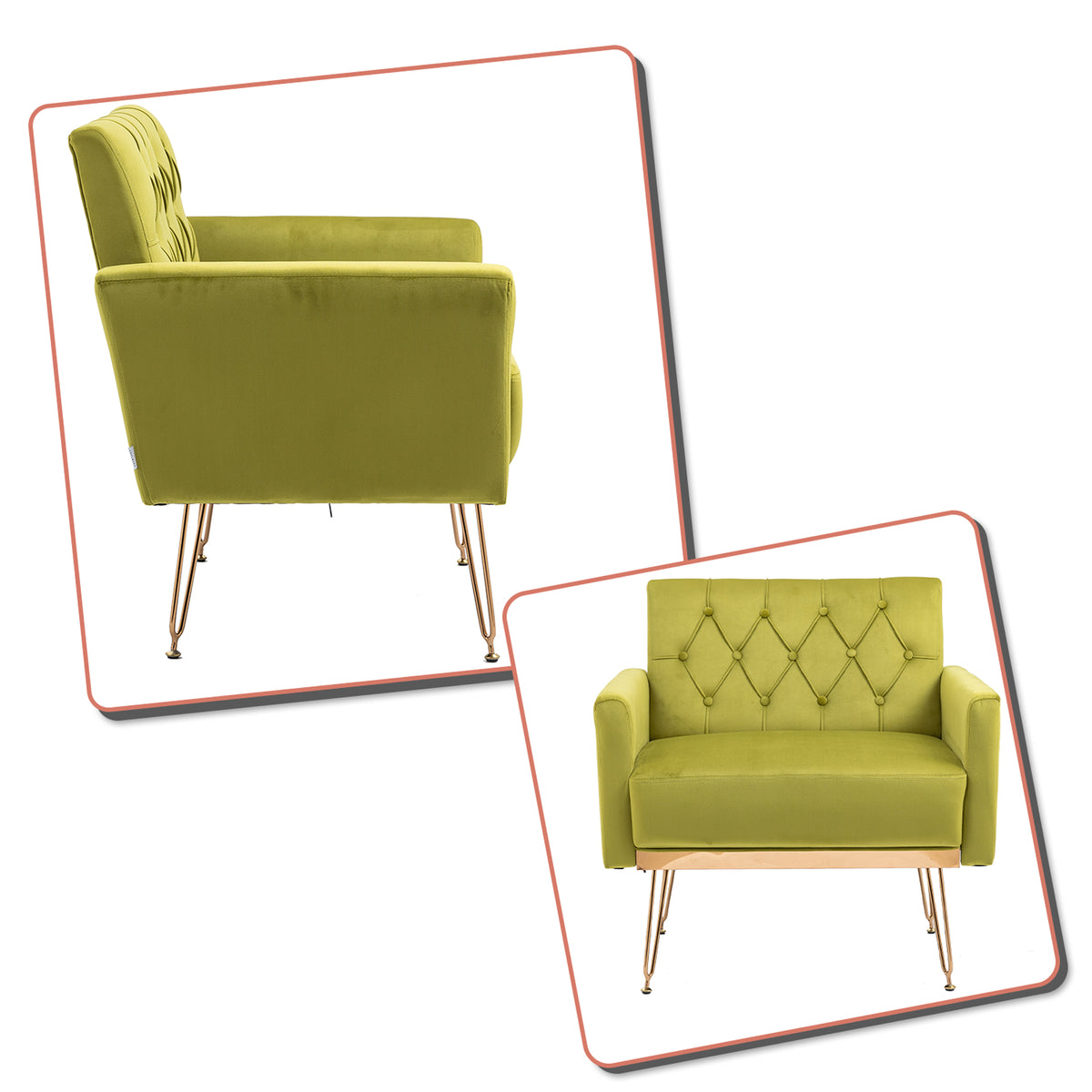 Olive Green Velvet Upholstered Accent Chair with Button Tufted Design and Metal Legs V714174