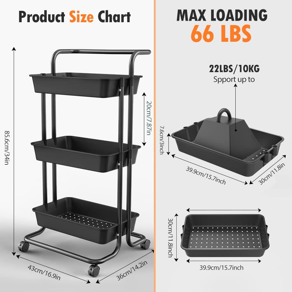 3 Tier Rolling Utility Cart with Removal Handle and 2 Lockable Wheels, Black K35398