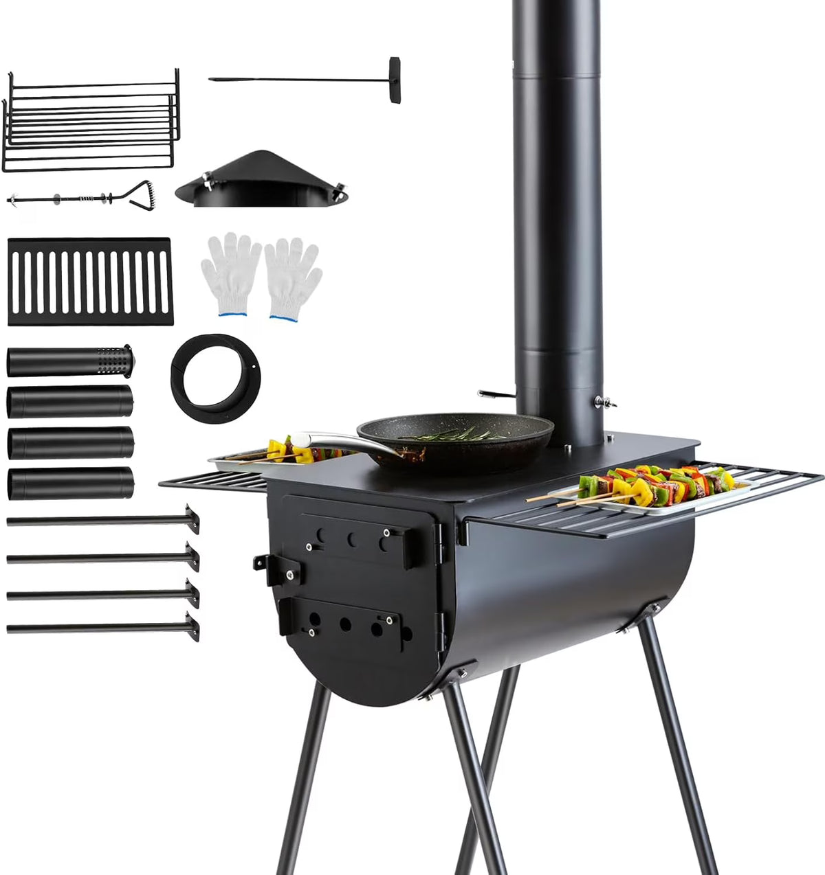 118 inch Alloy Steel Portable Wood Burning Stove with Chimney Pipes & Gloves Y607
