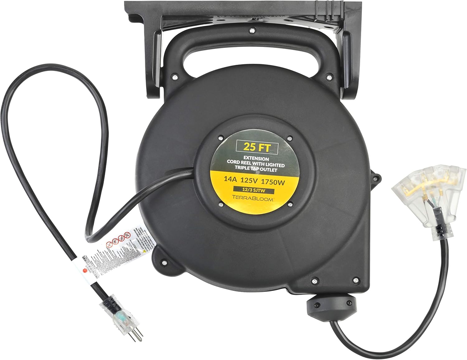 25 Ft 12/3 Retractable Extension Cord Reel with 3 Electrical Outlets Black V5264