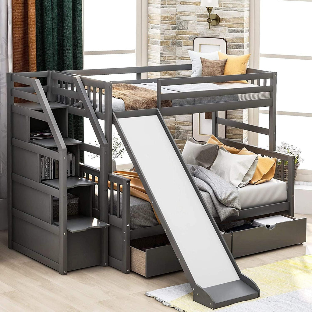 Grey Solid Wood Twin Over Twin Bunk Bed with Trundle and 4 Storage Drawers B411725