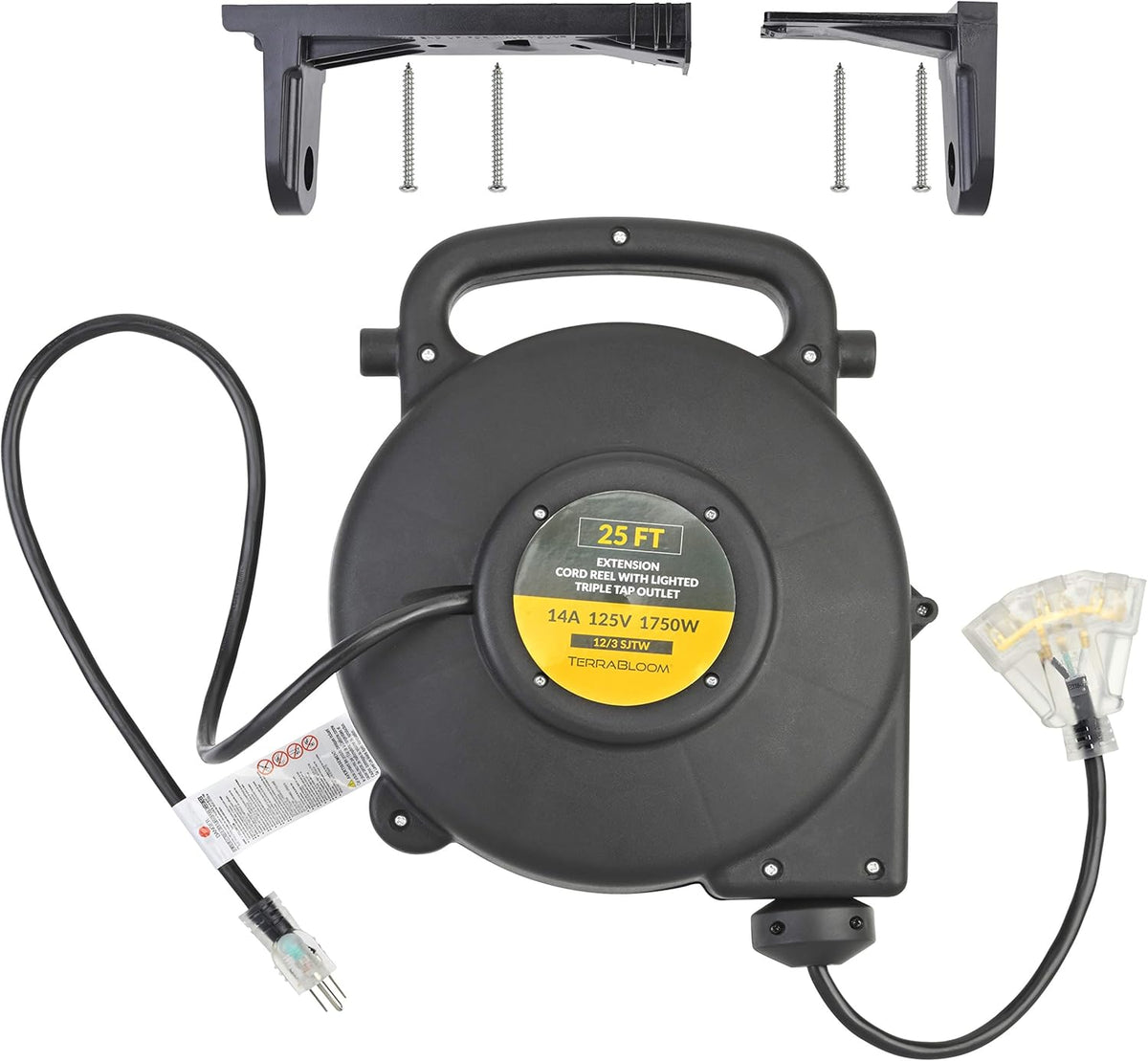 25 Ft 12/3 Retractable Extension Cord Reel with 3 Electrical Outlets Black V5264