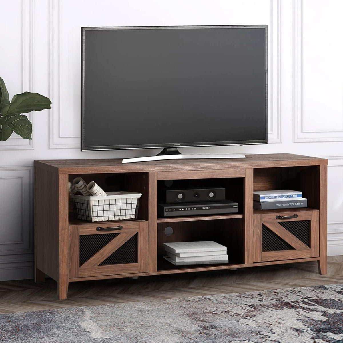 Barn Door Wood Electric Fireplace TV Stand with Storage Cabinets and Infrared Heater I803559