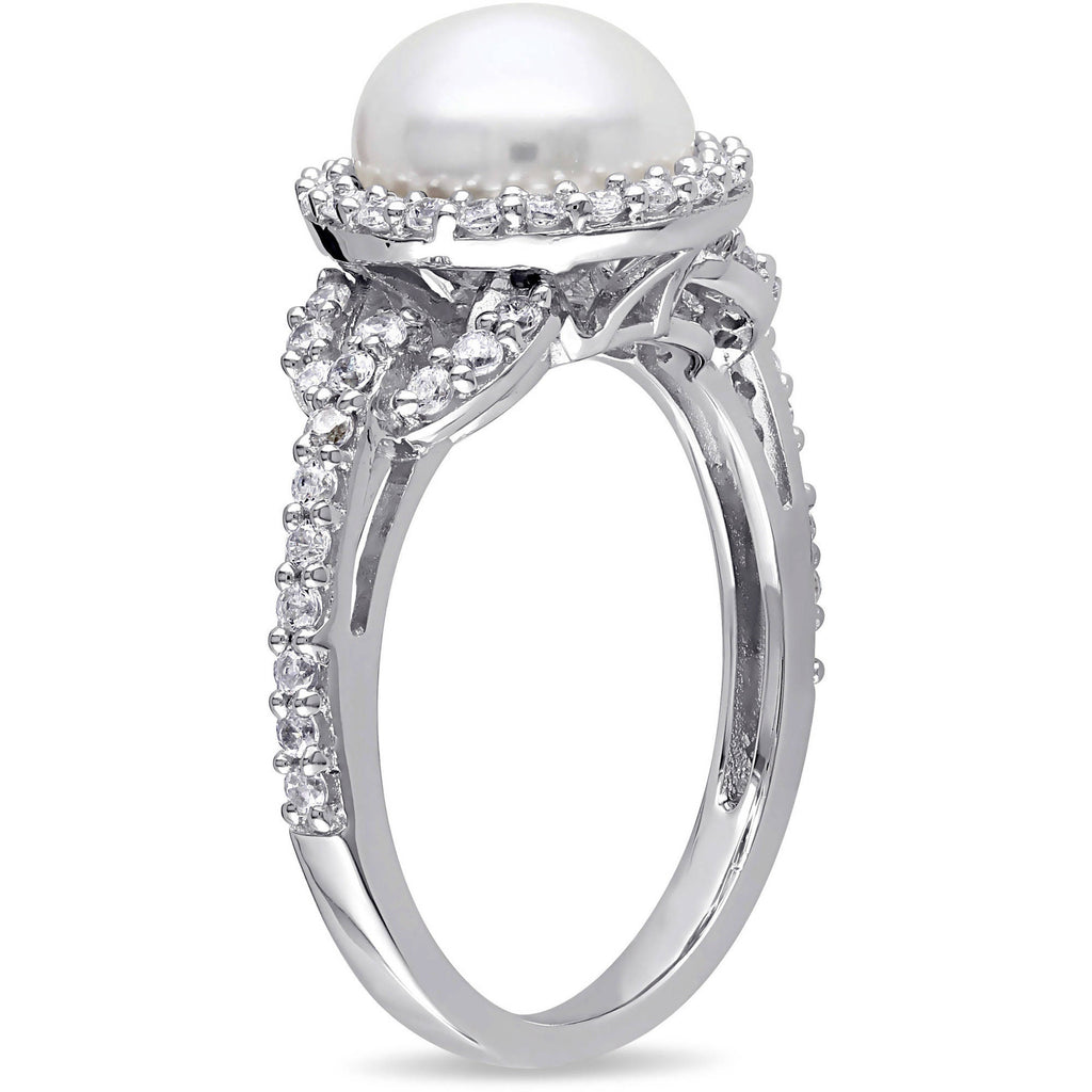 White Cultured Freshwater Pearl Cubic Zirconia Halo Sterling Silver Ring W681476