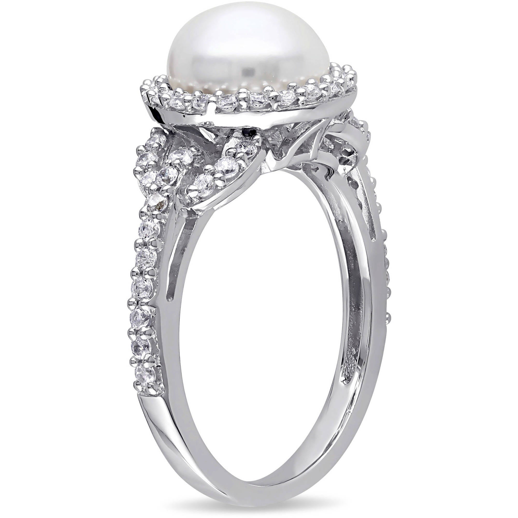 White Cultured Freshwater Pearl Cubic Zirconia Halo Sterling Silver Ring W681476