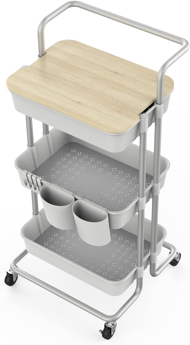 3 Tier Rolling Storage Cart with Cover Board, Handle and Locking Wheels R8789