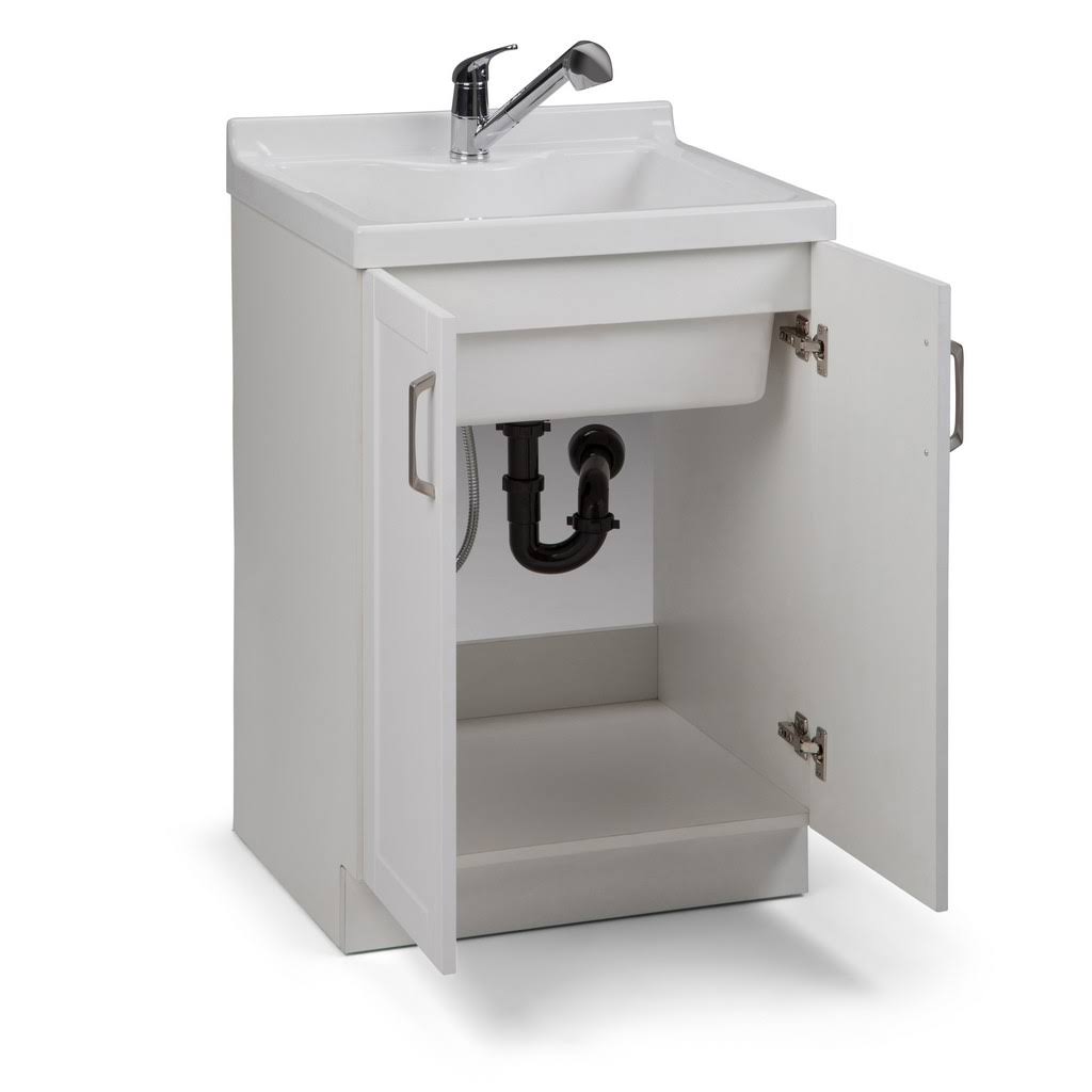 Laundry Cabinet with Pull-Out Faucet and ABS Sink, Pure White F1377