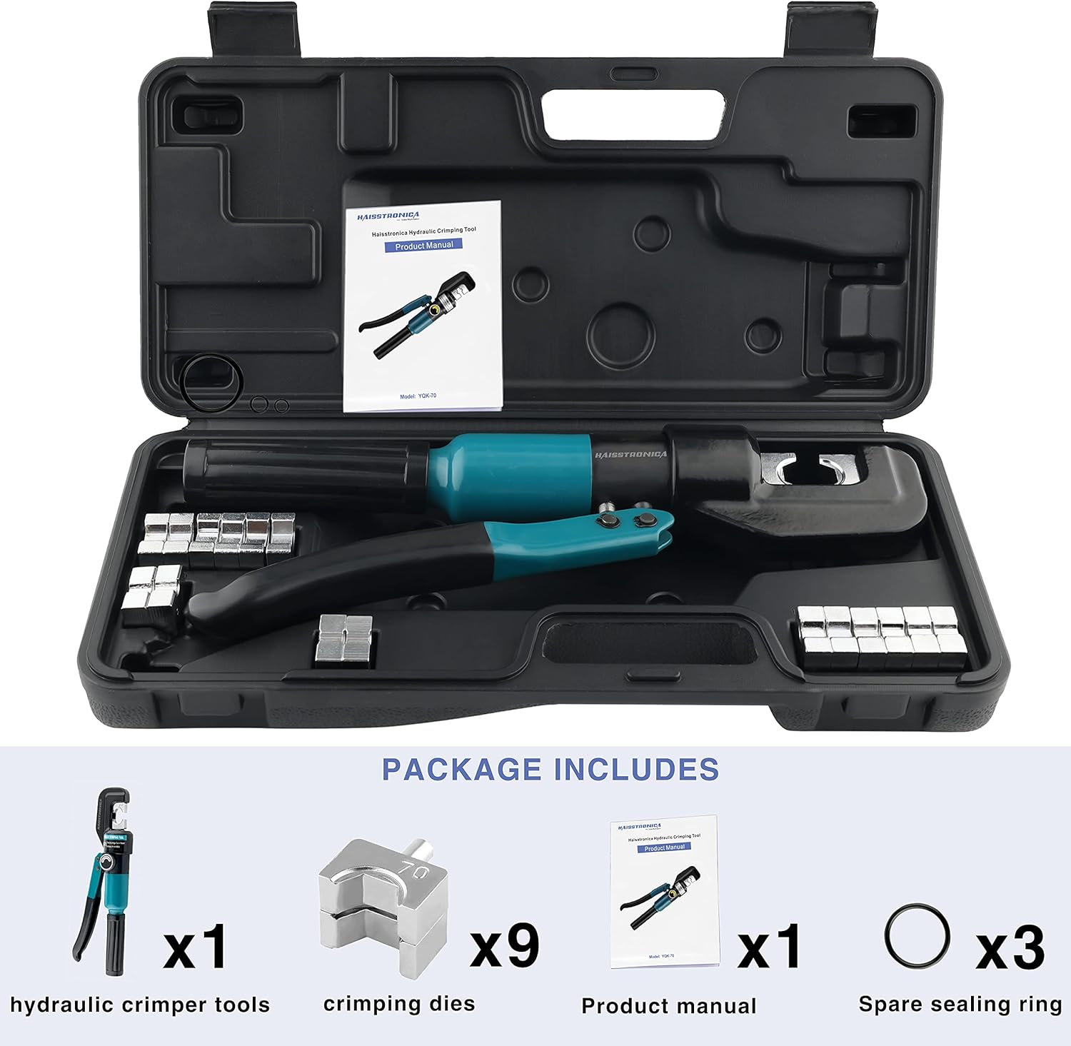 Hydraulic Battery Cable Lug Crimping Tool, AWG 12-2/0, 9 Pairs of Dies K5114