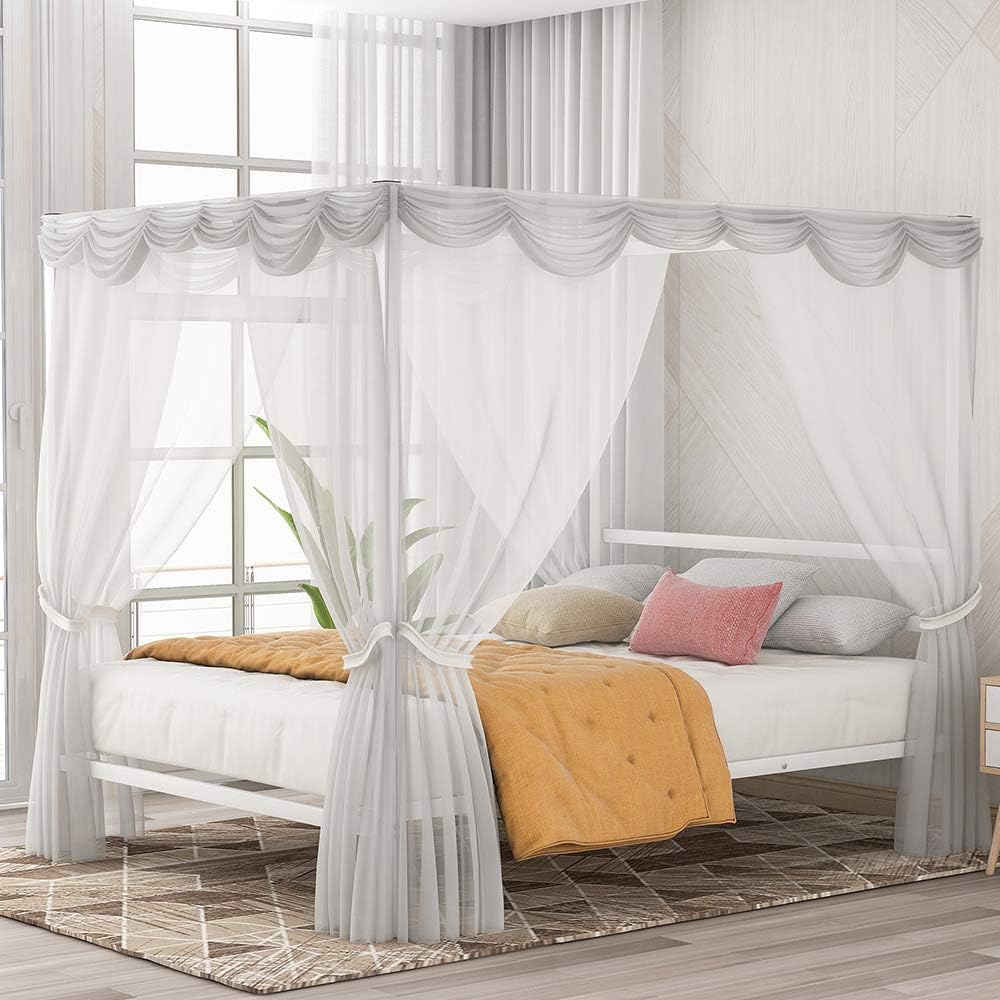 Silver Queen Metal Canopy Bed Frame with Headboard C78277