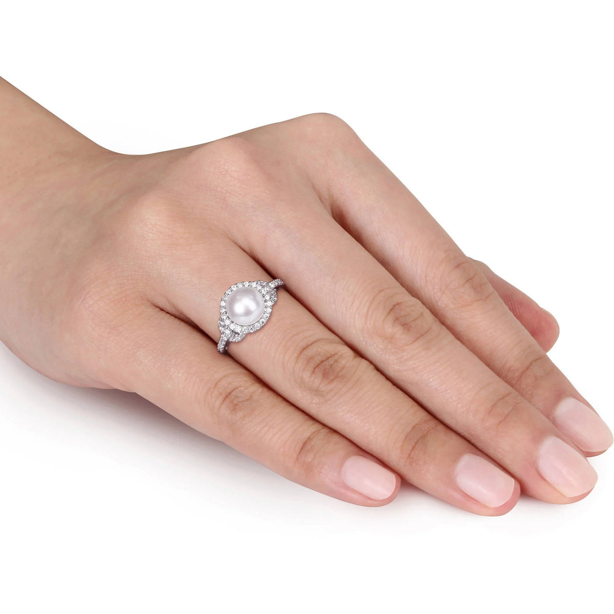 White Cultured Freshwater Pearl Cubic Zirconia Halo Sterling Silver Ring W681476