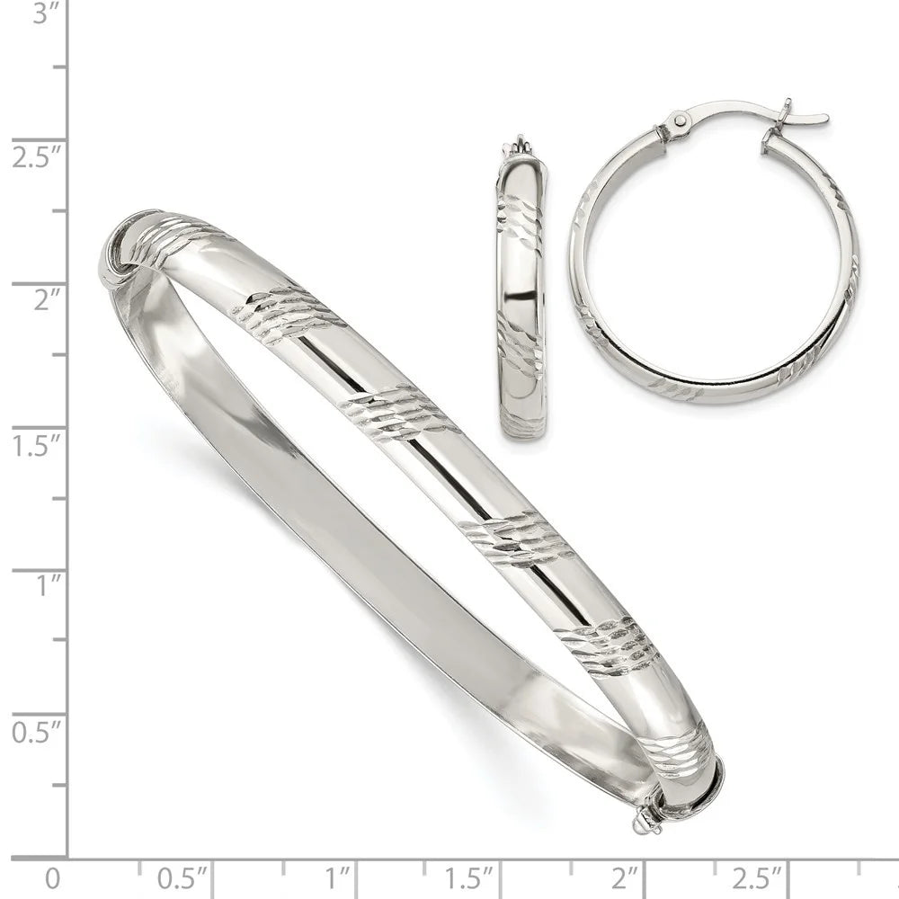 925 Sterling Silver Diamond-cut Bangle and Hoop Earrings Set S4717