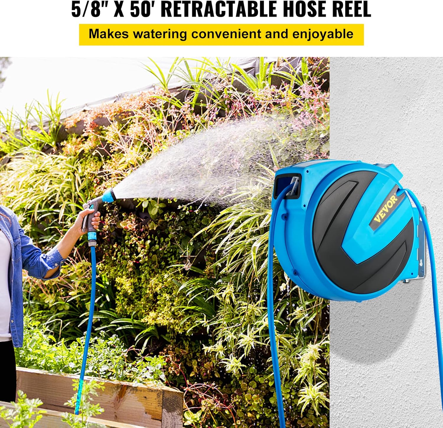 Retractable Hose Reel, 5/8 inch x 50 ft, Wall Mounted Garden Hose Reel, Blue Pack of 2 C835