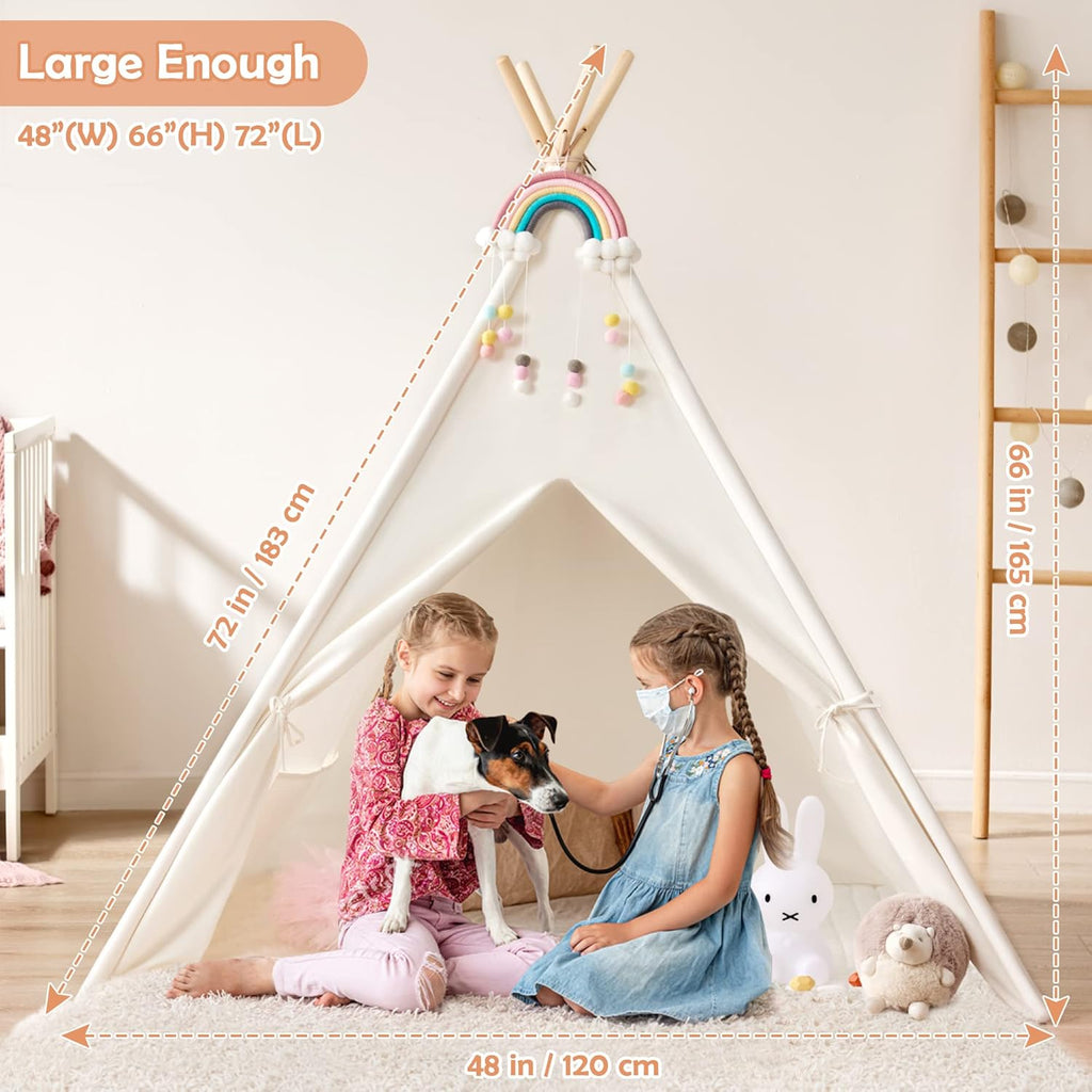White Canvas Kids Teepee Tent with Padded Mat & Carry Case Z3516