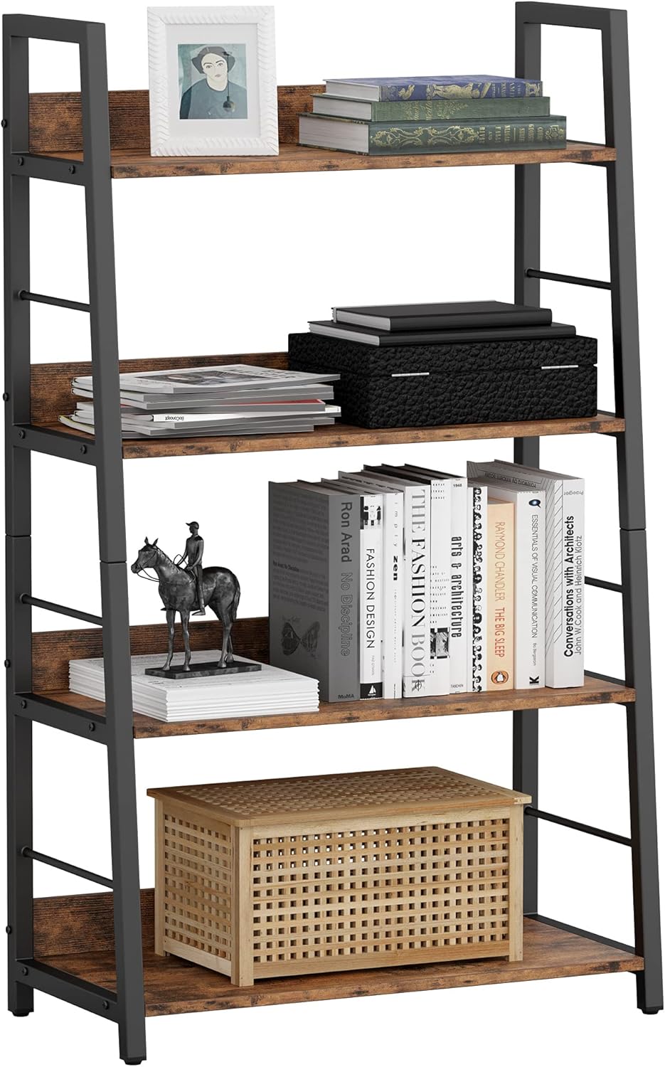 Industrial Bookshelves and Bookcases, Ladder Shelf 5 Tier with Metal Frame, Rustics Brown R92497