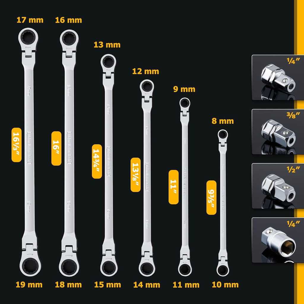 8 to 18 mm Ratcheting Wrench Set, 10 Pc, Flex Head Metric Ratchets R895
