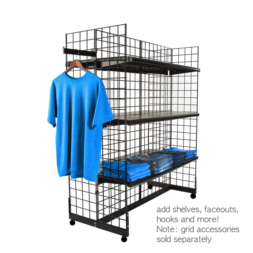 Black Gridwall Panel Display Fixture with Gondola Base and Casters K523