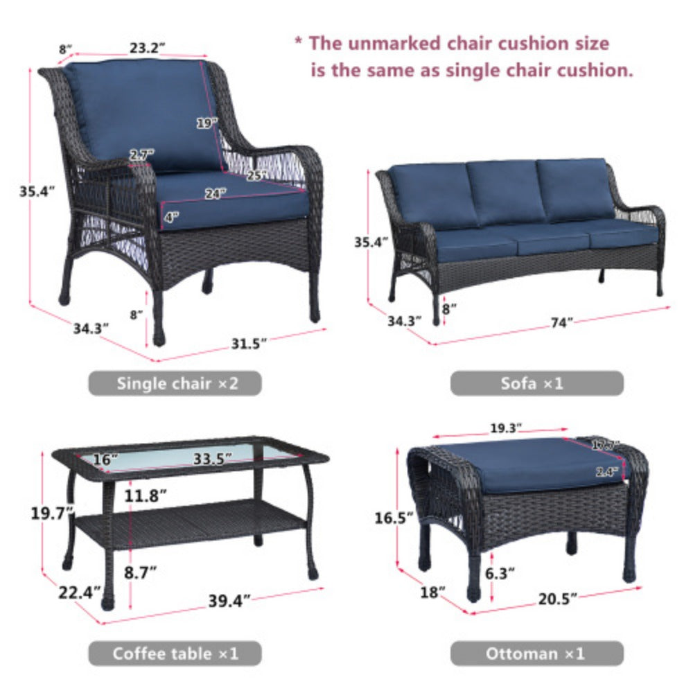 6-Piece Rattan Outdoor Conversation Set Navy Blue Metal H187