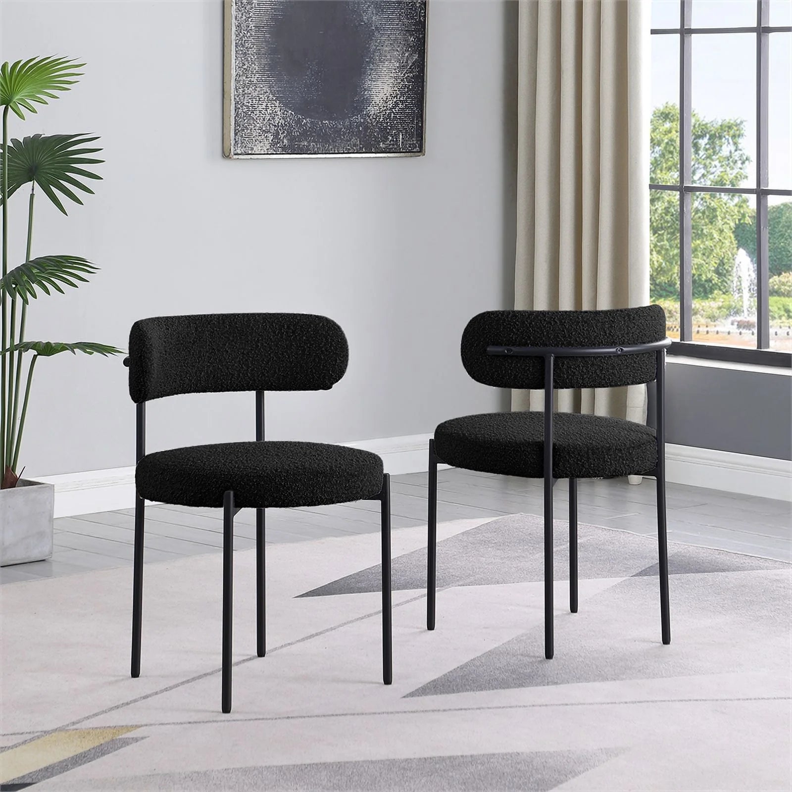 Boucle Fabric Dining Chairs Black Finish Set of 2 Y25682