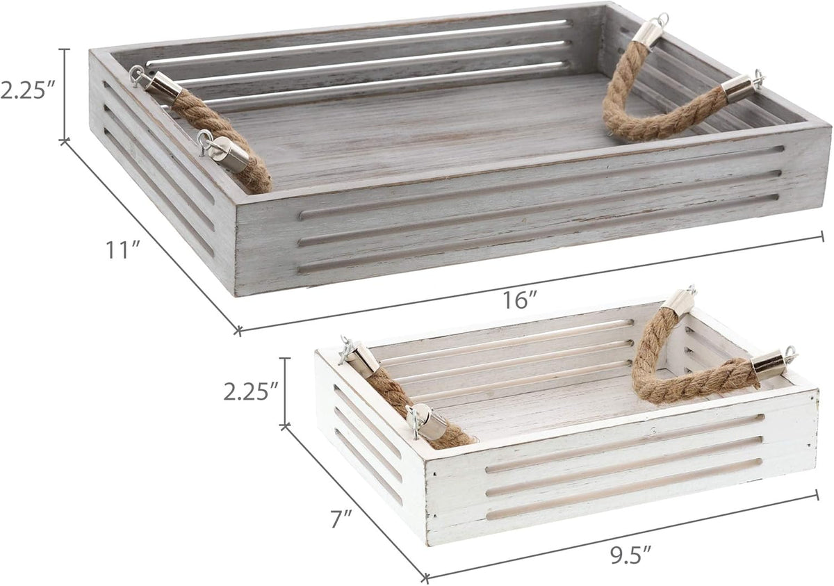 Nesting Serving Trays with Rope Handles, Set of 3, Wood Trays Q3719