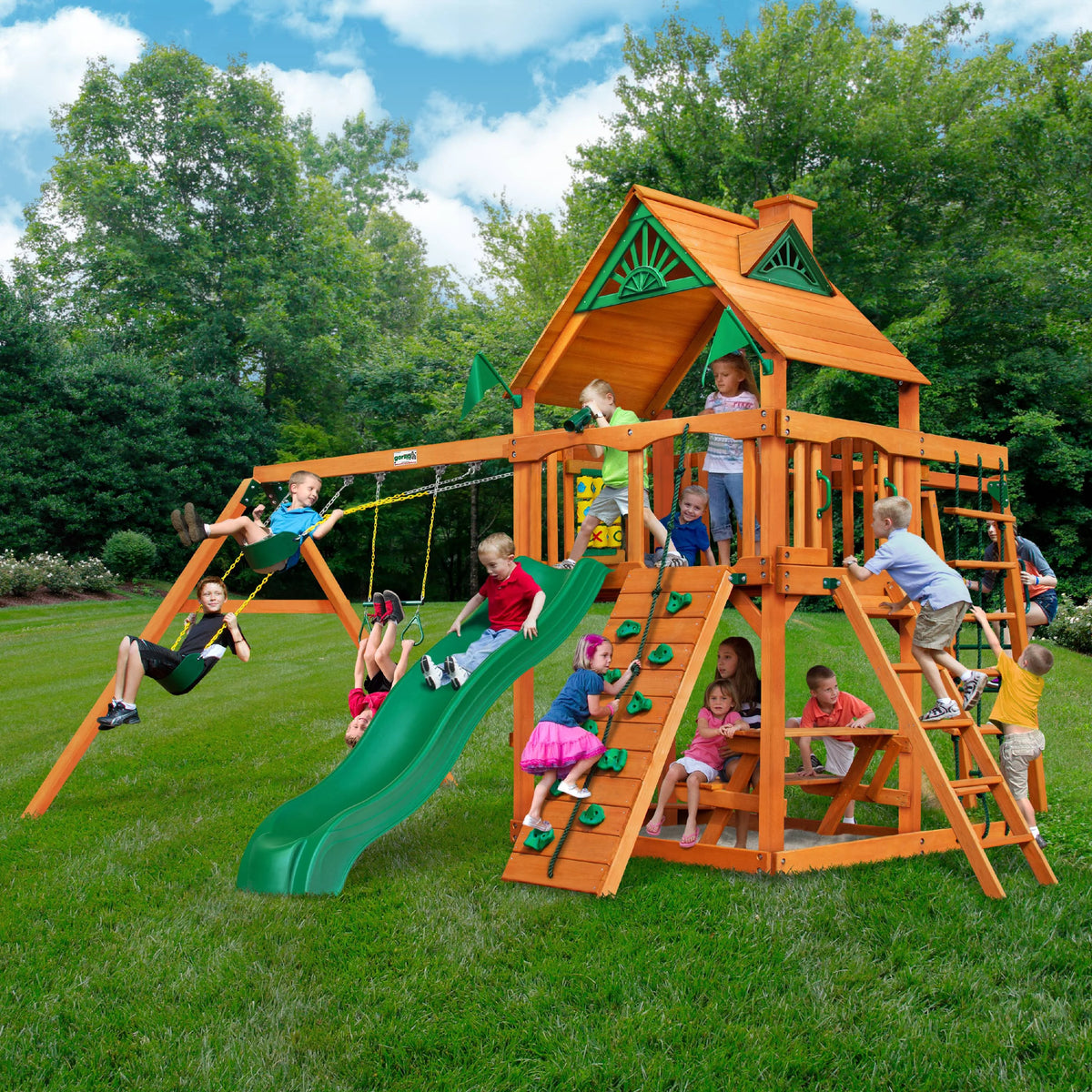 Wooden Swing Set with Monkey Bars and Picnic Table Q359