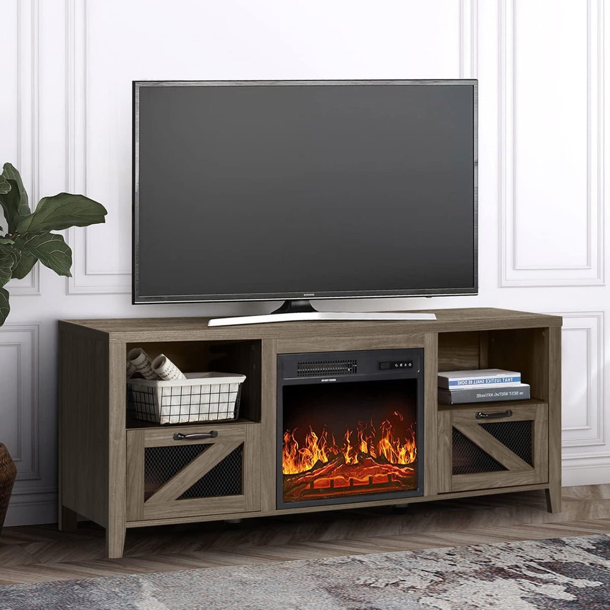 Barn Door Wood Electric Fireplace TV Stand with Storage Cabinets and Infrared Heater I803559