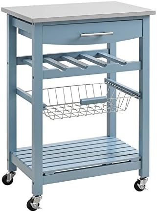 Blue Stainless Steel Top Pine Wood Rolling Kitchen Island Microwave Cart with Storage Z323