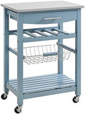 Blue Stainless Steel Top Pine Wood Rolling Kitchen Island Microwave Cart with Storage Z323