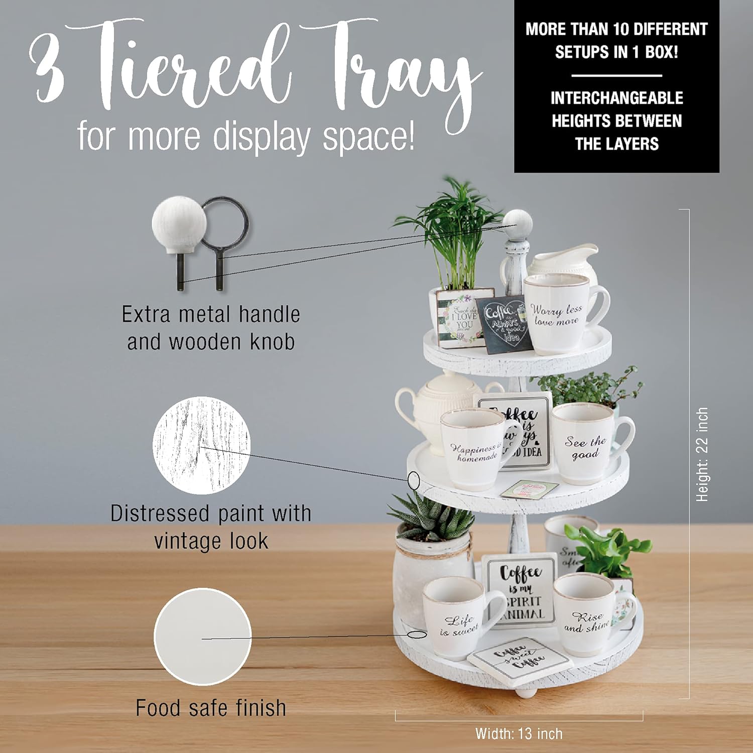 White Rustic 3 Tier Wood Tray N878814