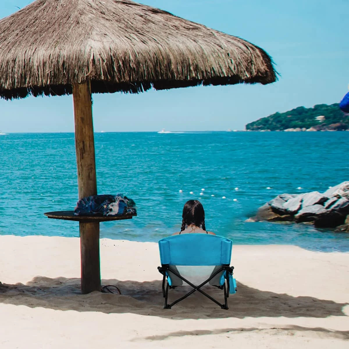 Low Beach Chair with Cup Holder & Storage Bag, Blue 1 Pack Z704