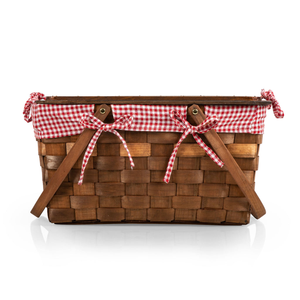 Red White Gingham Handwoven Wood Picnic Basket T923898