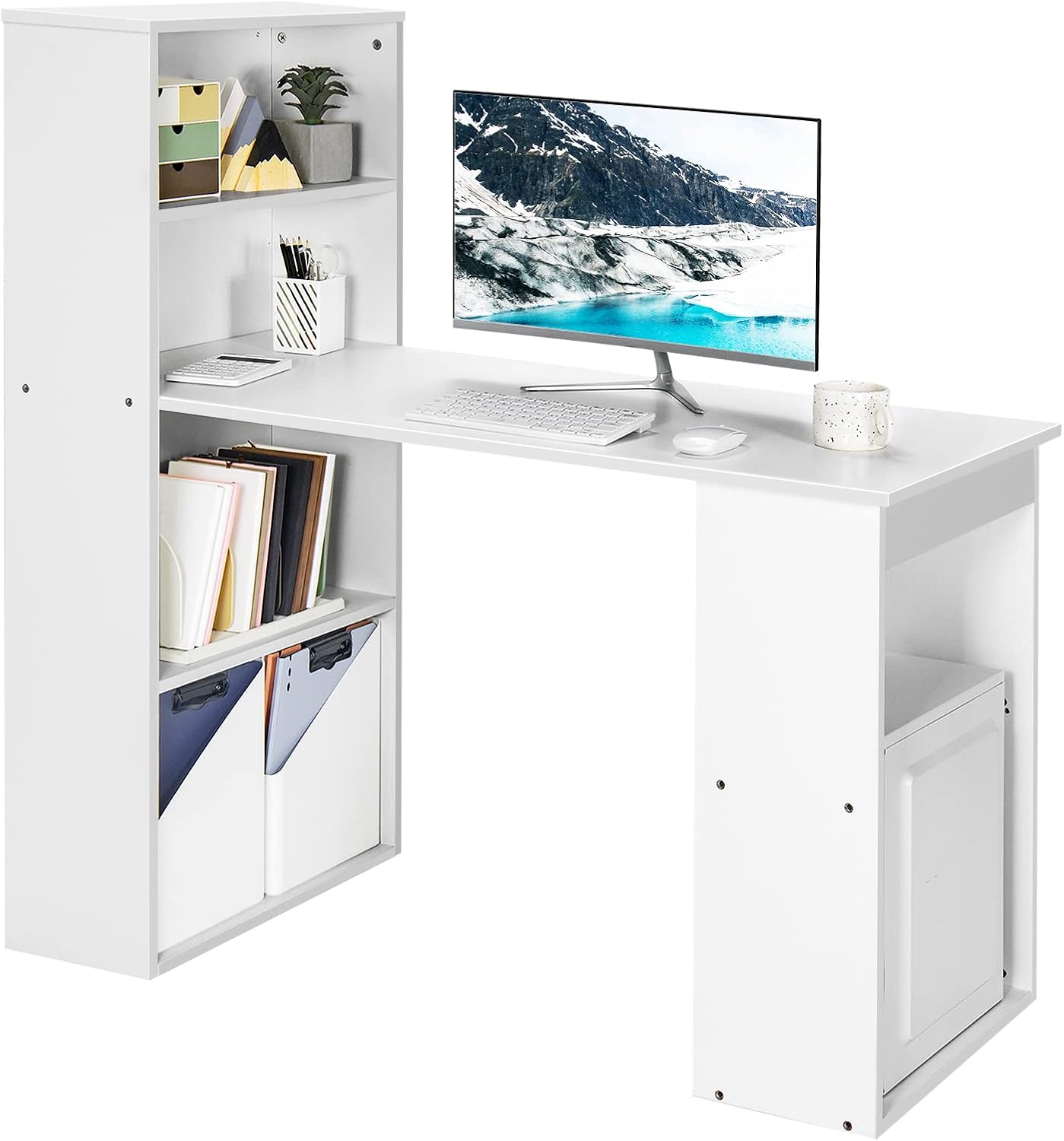 White Compact Computer Desk with Hutch & Bookcase U50804