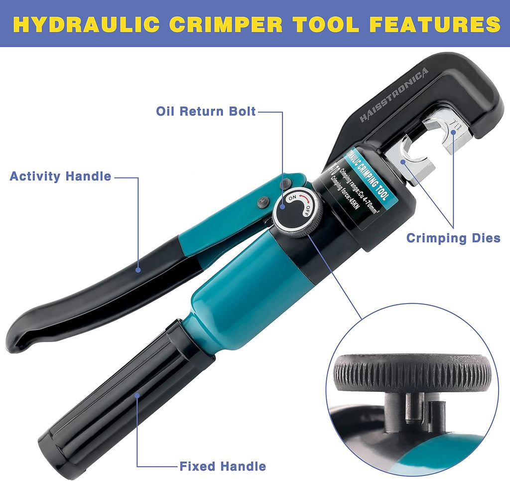 Hydraulic Battery Cable Lug Crimping Tool, AWG 12-2/0, 9 Pairs of Dies K5114