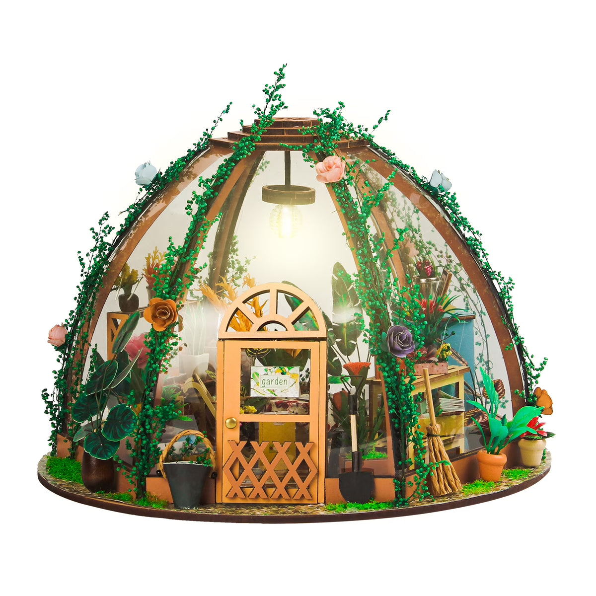 DIY Miniature Dollhouse Kit Wooden Green House LED Light Kids Toy Z79689