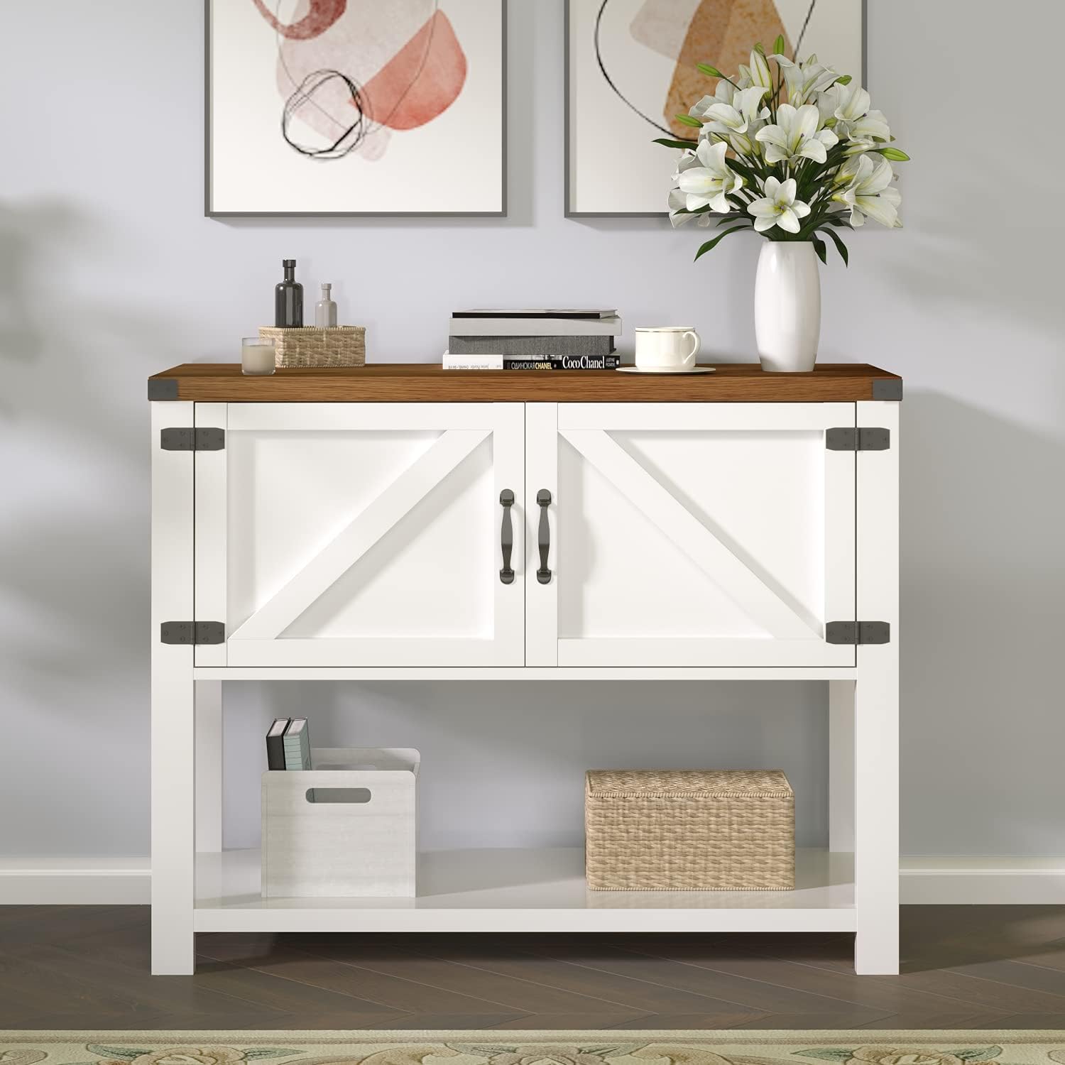 White 2 Door Buffet Storage Cabinet with Bottom Open Shelf G5286